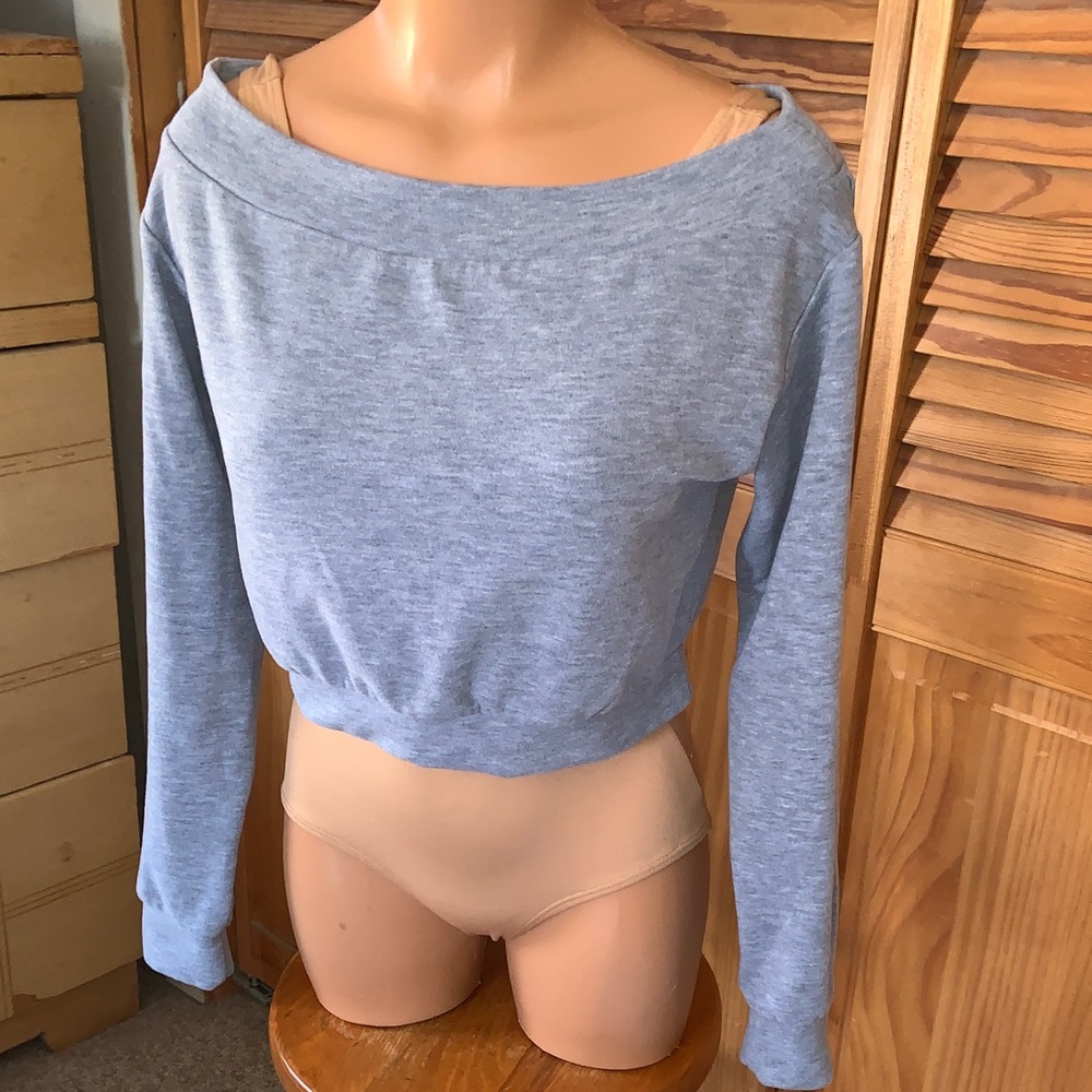 BOBI Los Angeles BOAT NECK slate Gray Off-Shoulder Crop Sweatshirt dance yoga
